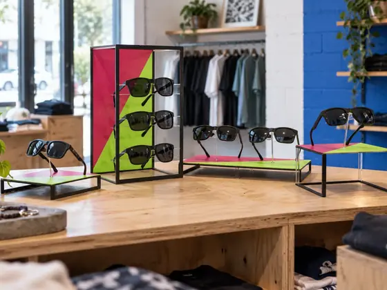 Expositor de sobremesa integrado en una boutique de moda